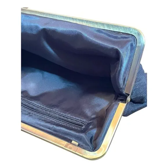 Vintage Black Clutch Gold Frame Kiss Clasp Women's Formal Bag Satin Finish - Picture 13 of 16